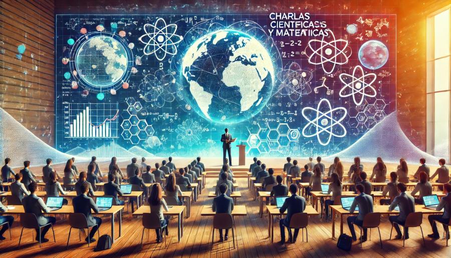 DALLE 2024 09 19 23.37.36 A vibrant academic scene representing the Charlas Cientificas y Matematicas project. The image showcases a lecture hall where students and professor